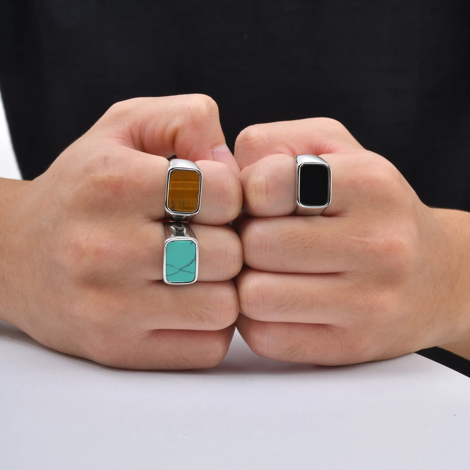 Vnox Edelstahl Quadratischer Naturstein-Ring für Männer und Jungen, Türkis Tigerauge Daumenringe für Männer, 12,8mm Breite Siegelring