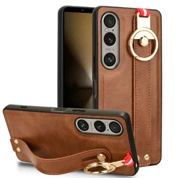 Luxury Leather Wristband Stand Case with Ring Opener for Sony Xperia 10 III (Brown)