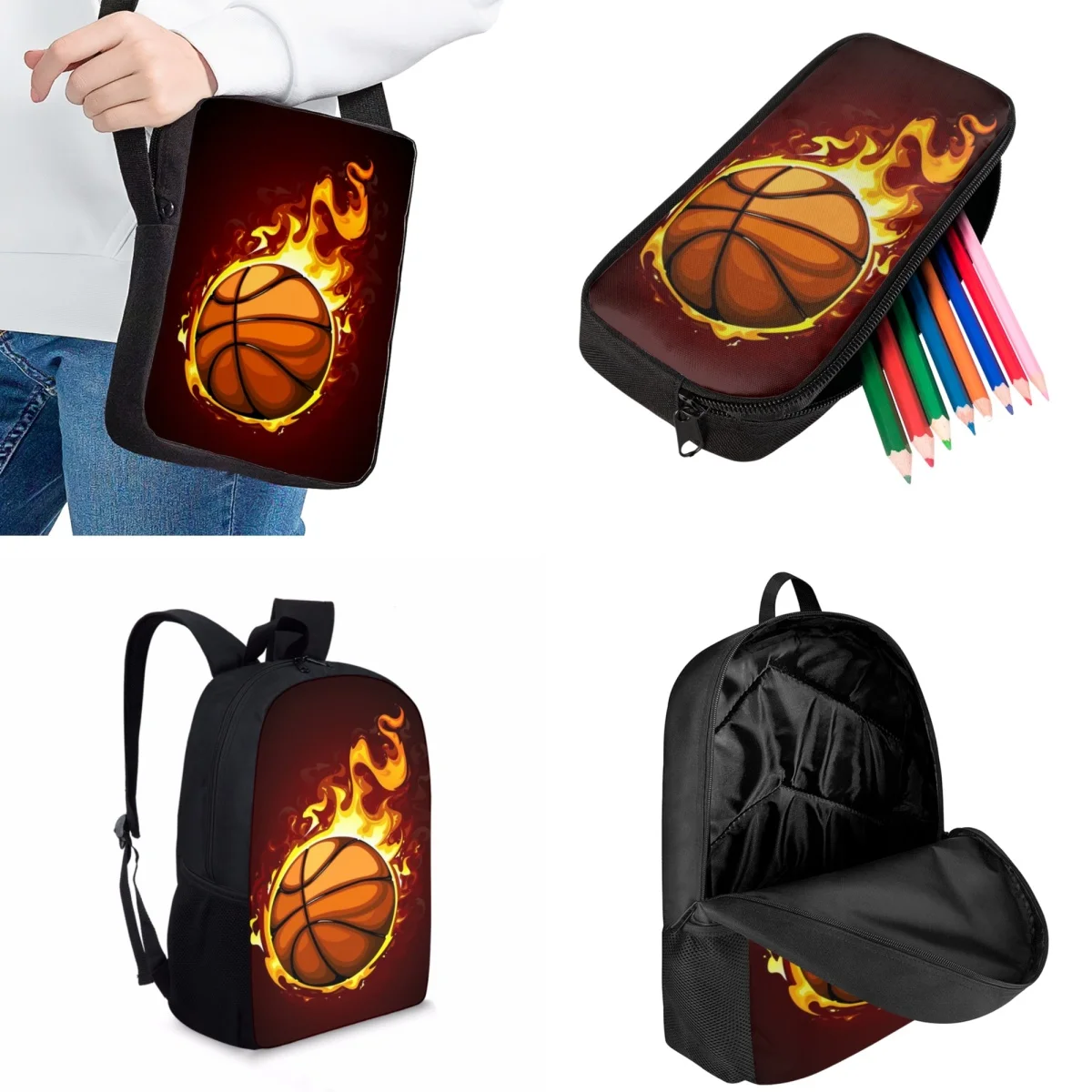 Jackherelook Flame Basketball Pattern Fashion Children's School Bags Leisure Sports Boy's Travel Backpacks Practical Bookbags