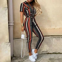 2025 New Women's Jumpsuit Casual Workwear Summer Romper with Print Button-up Lapel Waist Belt Slim Fit One Piece Pants Set Fashi - Image 2