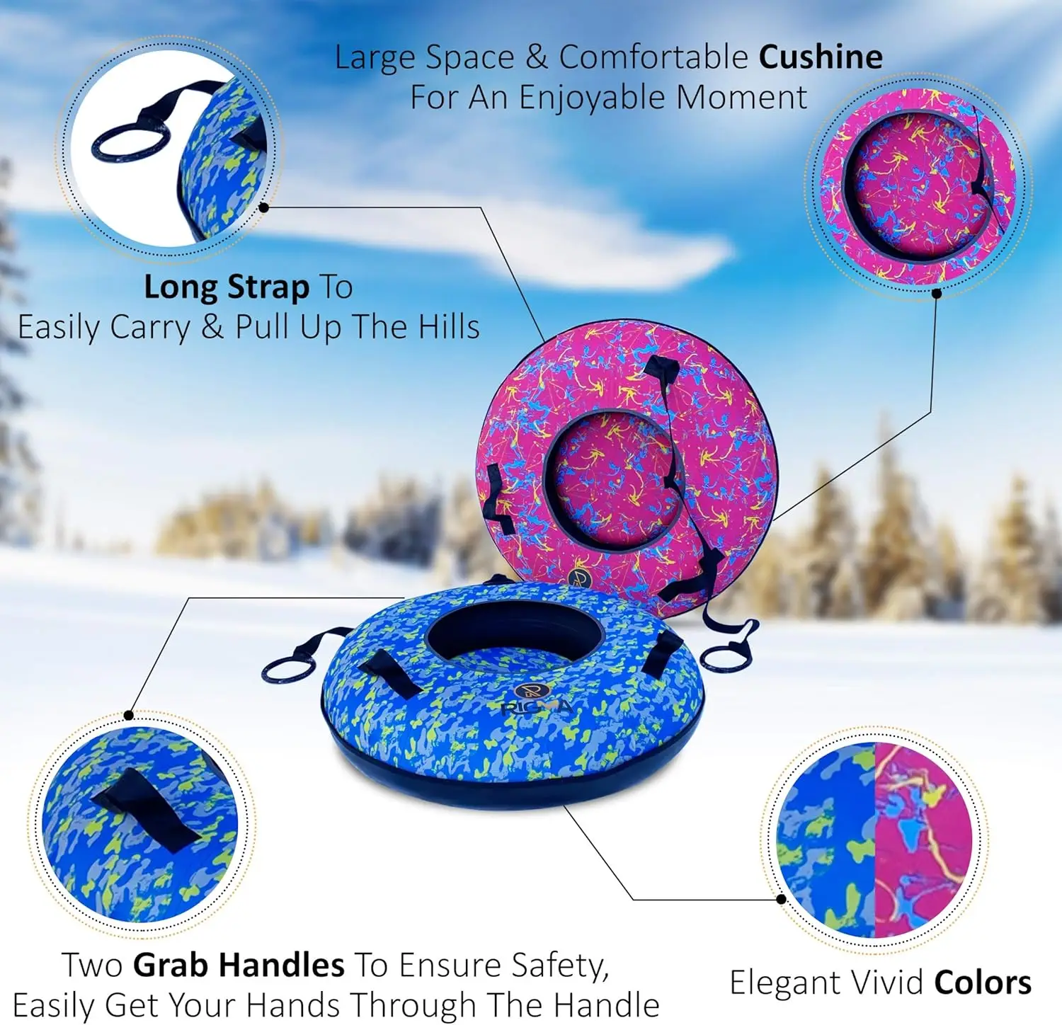 Snow Tube-Heavy Duty Snow Sleds Hard Plastic Bottom, High Speed Tubes, Inflatable Sled for Adults & Kids