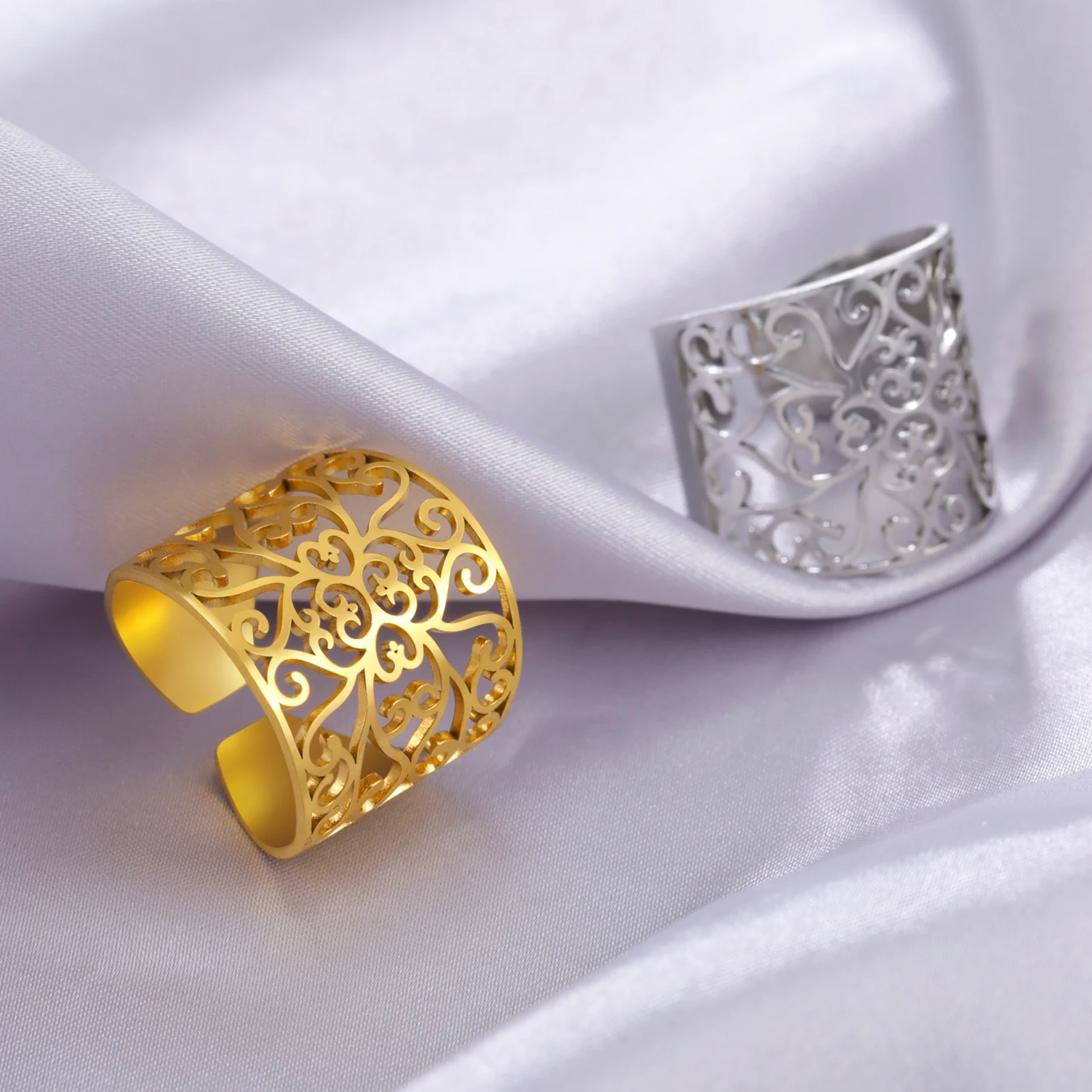 Skyrim Vintage Filigraner Blumenring für Damen, offen, verstellbar, Edelstahl, ästhetische Ringe, Schmuck, 2026, Hochzeit, Verlobung, Geschenk – Detail 8