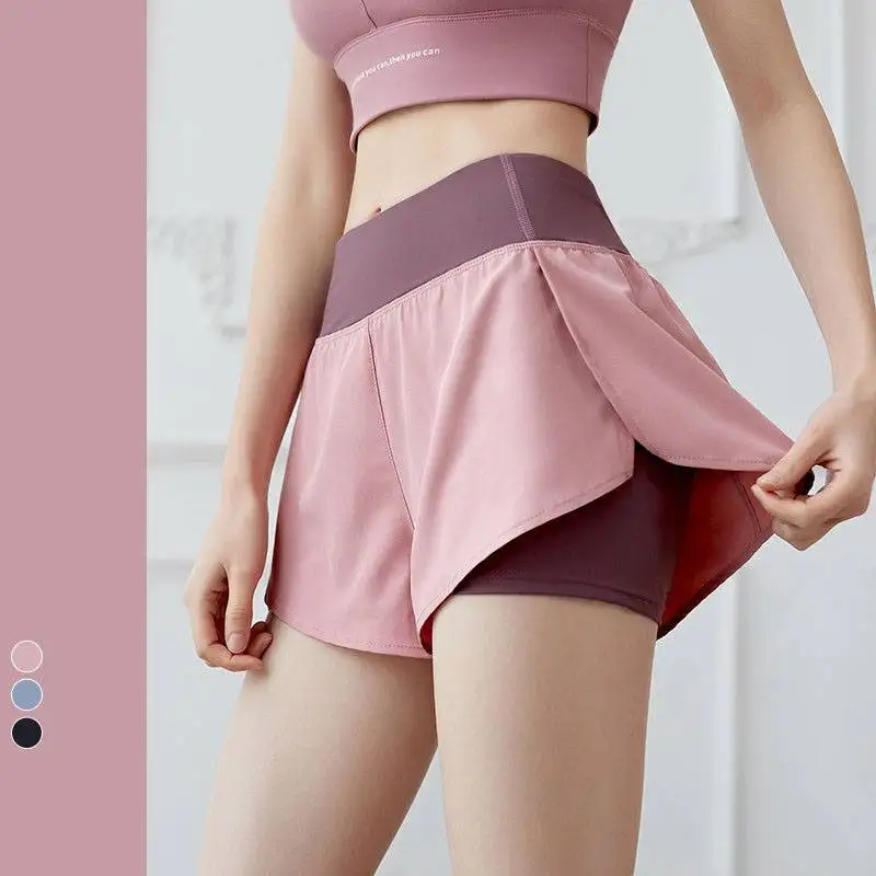 

2023 New Sportswear Sexy Sports Fitness Anti-Naked Shorts Female Fake Two High Wist Hips Yoga Tight Shorts