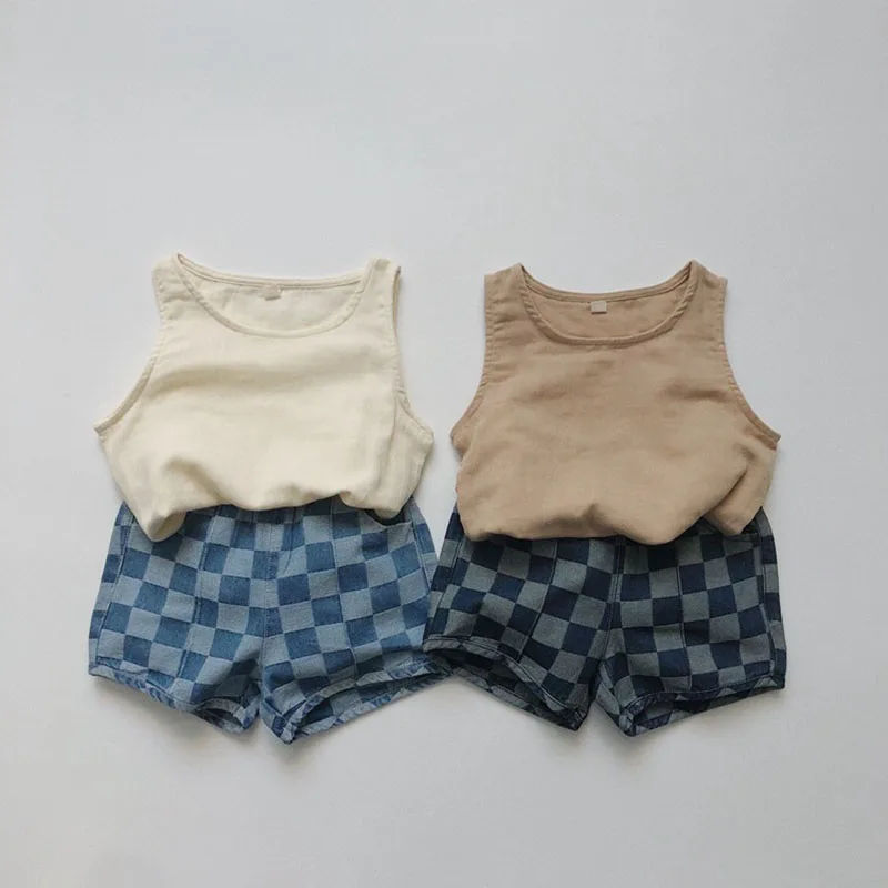 Denim Kids Shorts Summer Checkered Comfortable