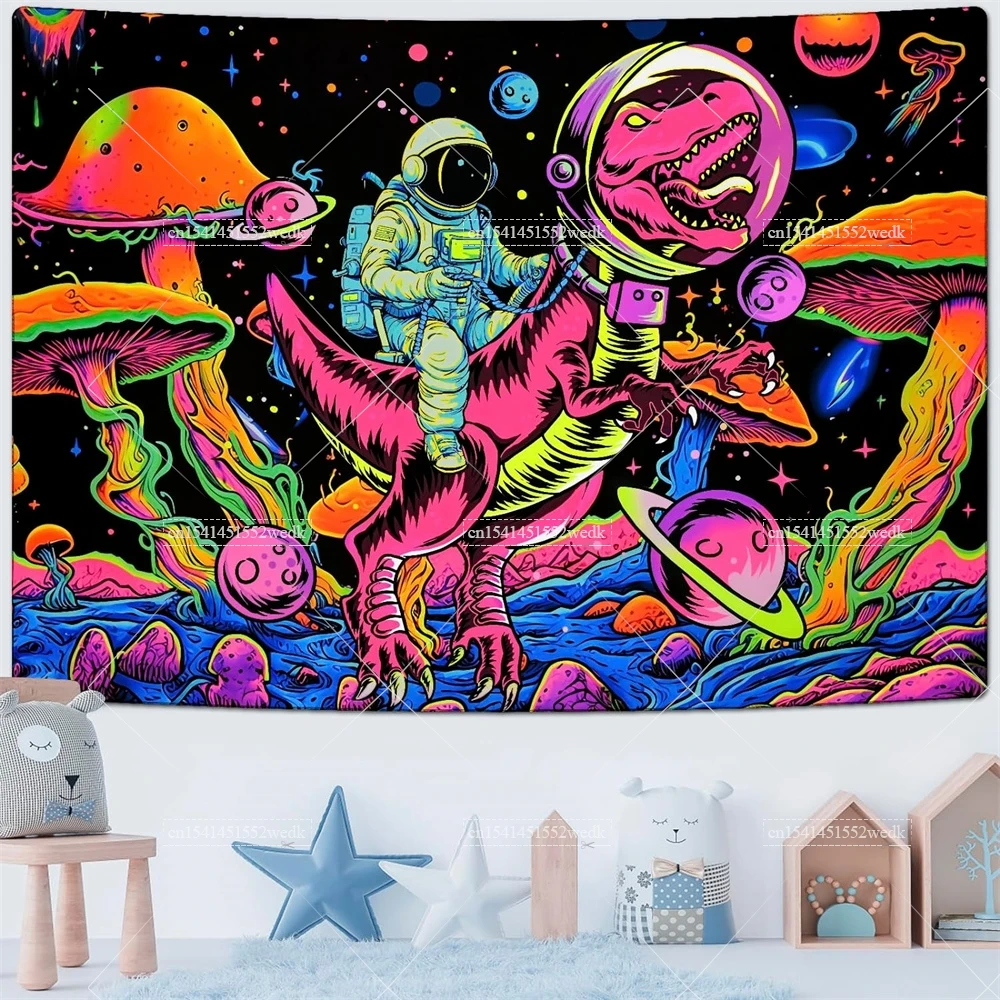 Blacklight Dinosaur Tapestry UV Reactive Space Astronaut Tapestries Neon Galaxy Planet Tapestry Stars Wall Hanging For Bedroom