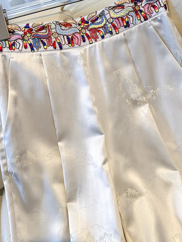 New Chinese Style Embroidered Satin Wide-Leg Pants Women Spring New High Waist Drooping Jacquard Casual Suit Pants Trousers