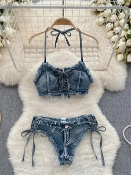 Retro Women Bikini Denim Suits Summer Halter Camis Mini Short Pant Fashion Vacation Suits Sexy Comfortable 1