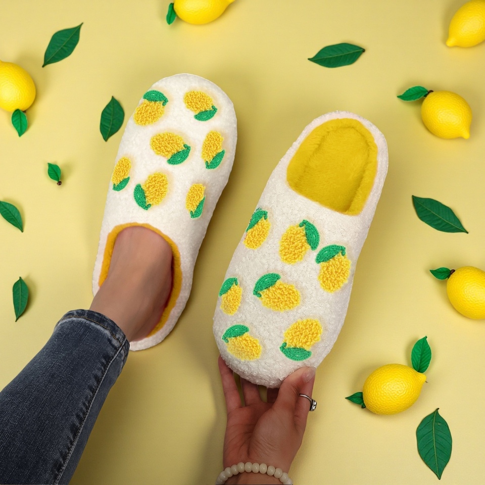 A Pair of Yellow Lemon Embroidered Fruit Pattern Plush Home Bedroom Soft-Soled Comfortable Furry Slippers Cute Warm Non-Slip Indoor Slippers for Men and Women Can Wear Lightweight Silent Comfortable Bedroom Shoes, Best Choice for Gifts