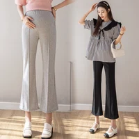 Black Grey High Waist Pregnant Women Trousers Summer Ankle-length Abdominal Flares Pants Front Split Maternity Boot Cut Culottes 1