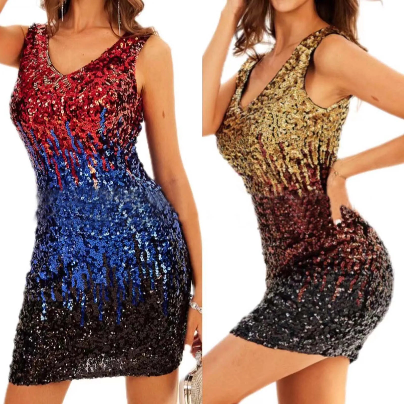 

2024 Women’s Fashion Gradient Sequin Bodycon Dress Summer V-Neck Sleeveless Dress Ladies Slim Fit Hip Wrapped Tank Dresses