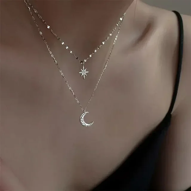 Collier Double couche étoile lune pour femmes, couleur argent, breloque délicate en Zircon, chaîne ras du cou en acier inoxydable, bijoux, nouvelle mode