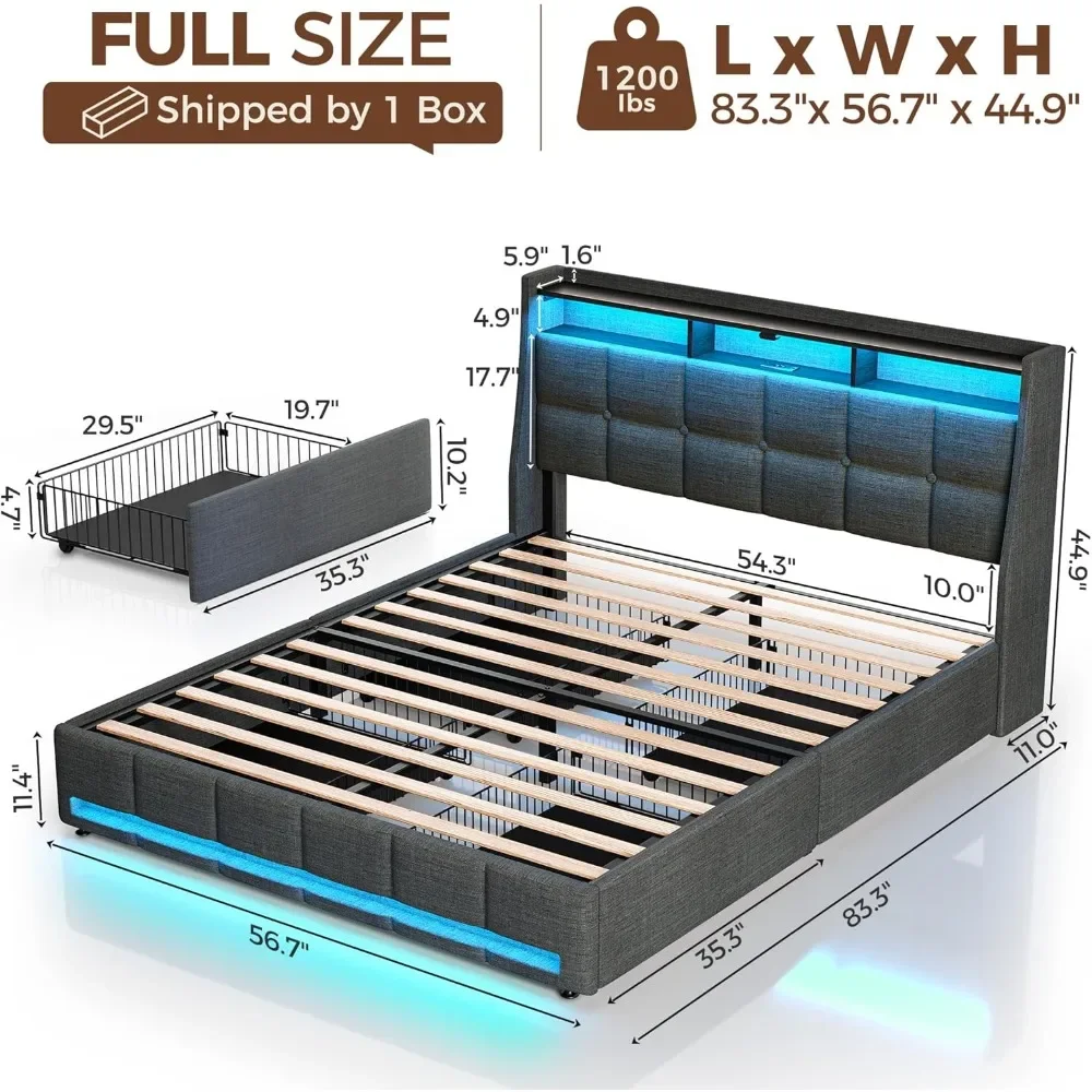 NEW-Rolanstar Full Size Bed Frame with LED Lights and Charging Station, Upholstered Bed Storage Headboard & Drawers, Heavy Duty