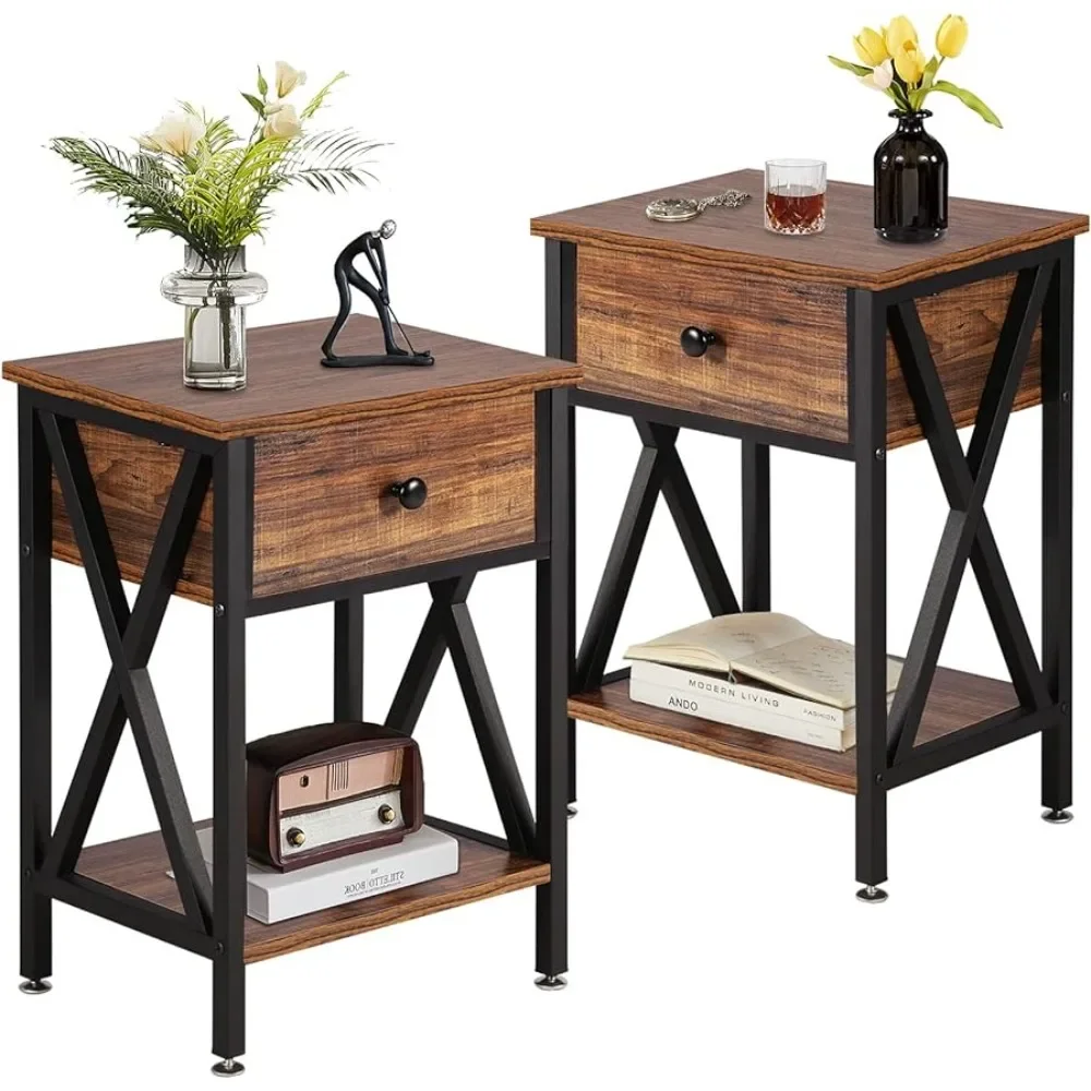 

(Set of 2) Furniture Night Stands for Bedroom Nightstand Bedside End Tables With Drawer Storage Rustic BrownFreight Free Table