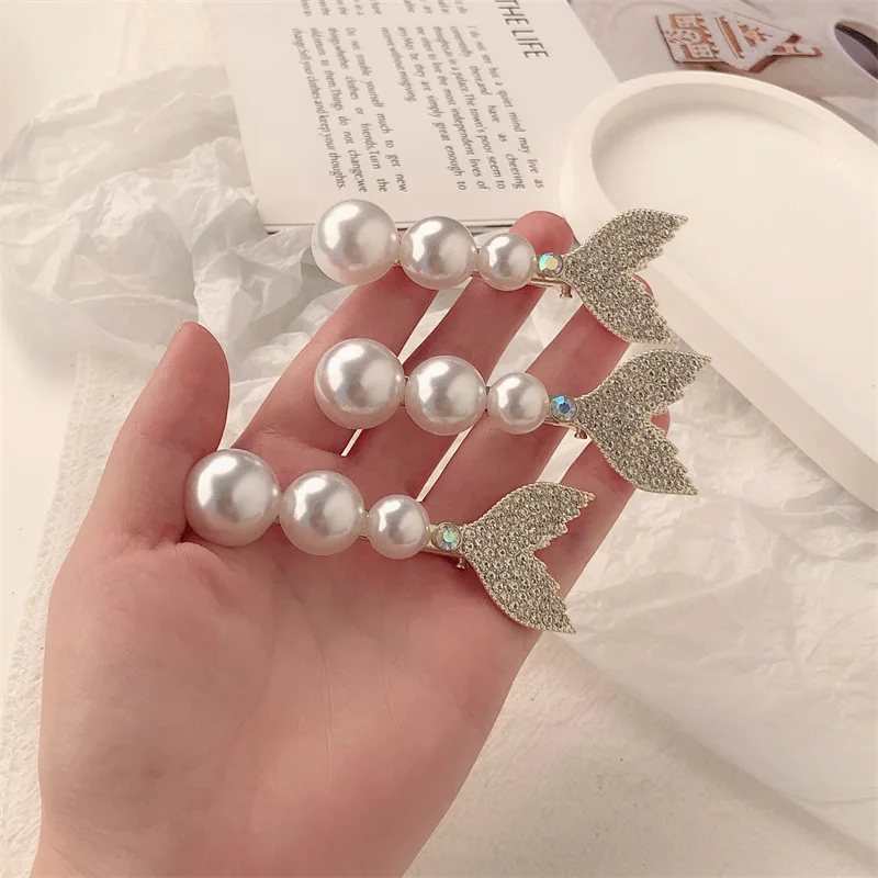 Pearl Inlaid Rhinestone Fish Tail Hair Clip With Duckbill Clip New Style Bangs Side Clip Headpiece Hair Accessories purple blue butterfly hair clip multicolor duckbill rhinestone clip side hairpin for women girls bangs ponytail hairgrips