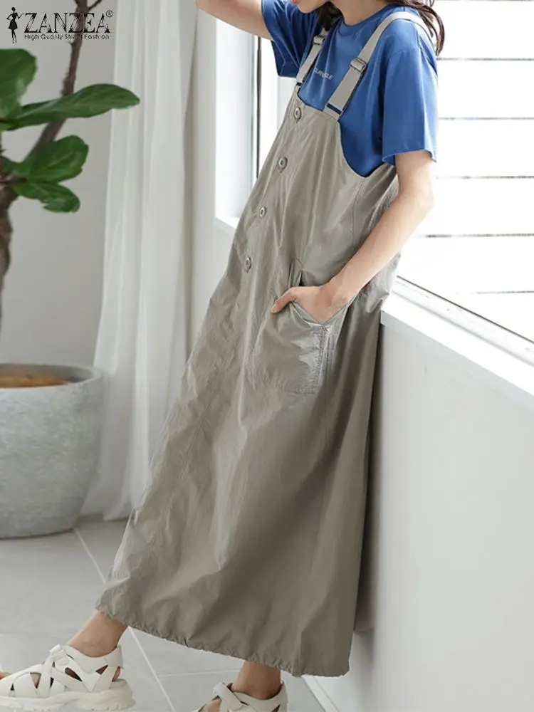 

ZANZEA Streetwear Buttons Long Dresses 2024 Summer Suspender Skirt Fashion Women Oversized Pocket Overalls Casual Loose Sundress