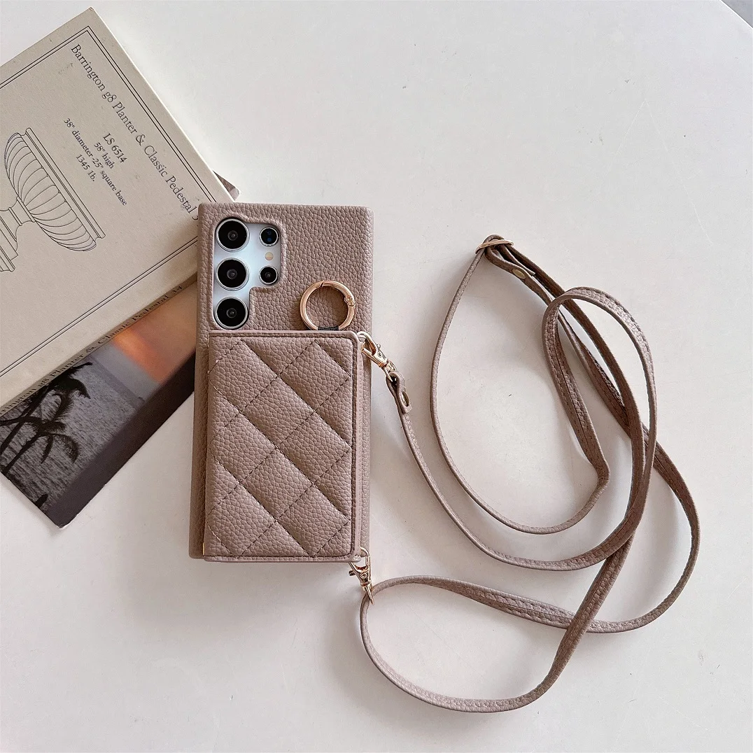 Luxury Crossbody 3D Grid Leather Card Slot Wallet Case with Mirror Makeup Cover