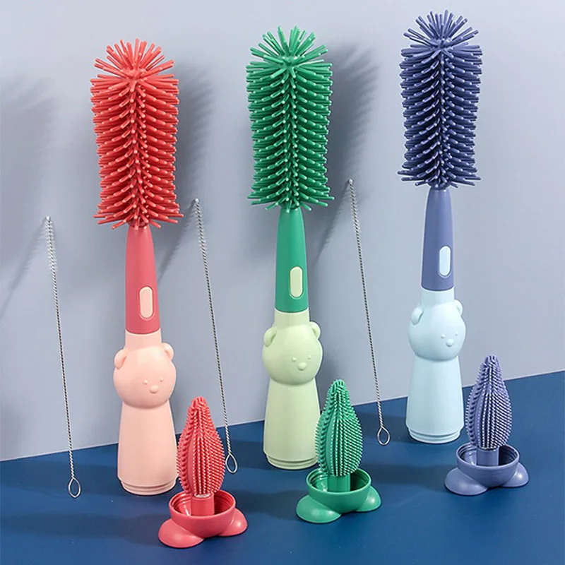 3 In 1 Pacifier Bottle Brush Set Baby Silicone Cup Nipple Cleaning Brushes
