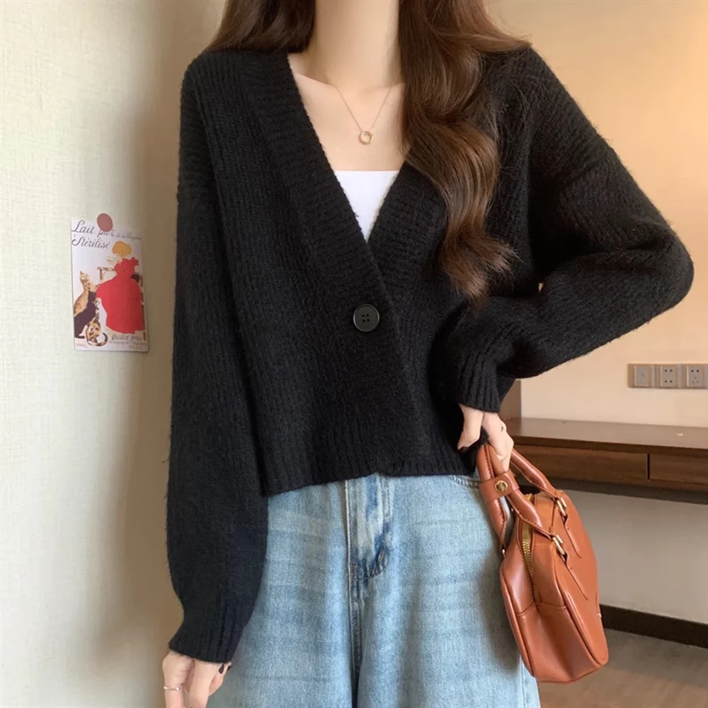Women Knitted V Neck Long Sleeve Solid Color Sweater Cardigan