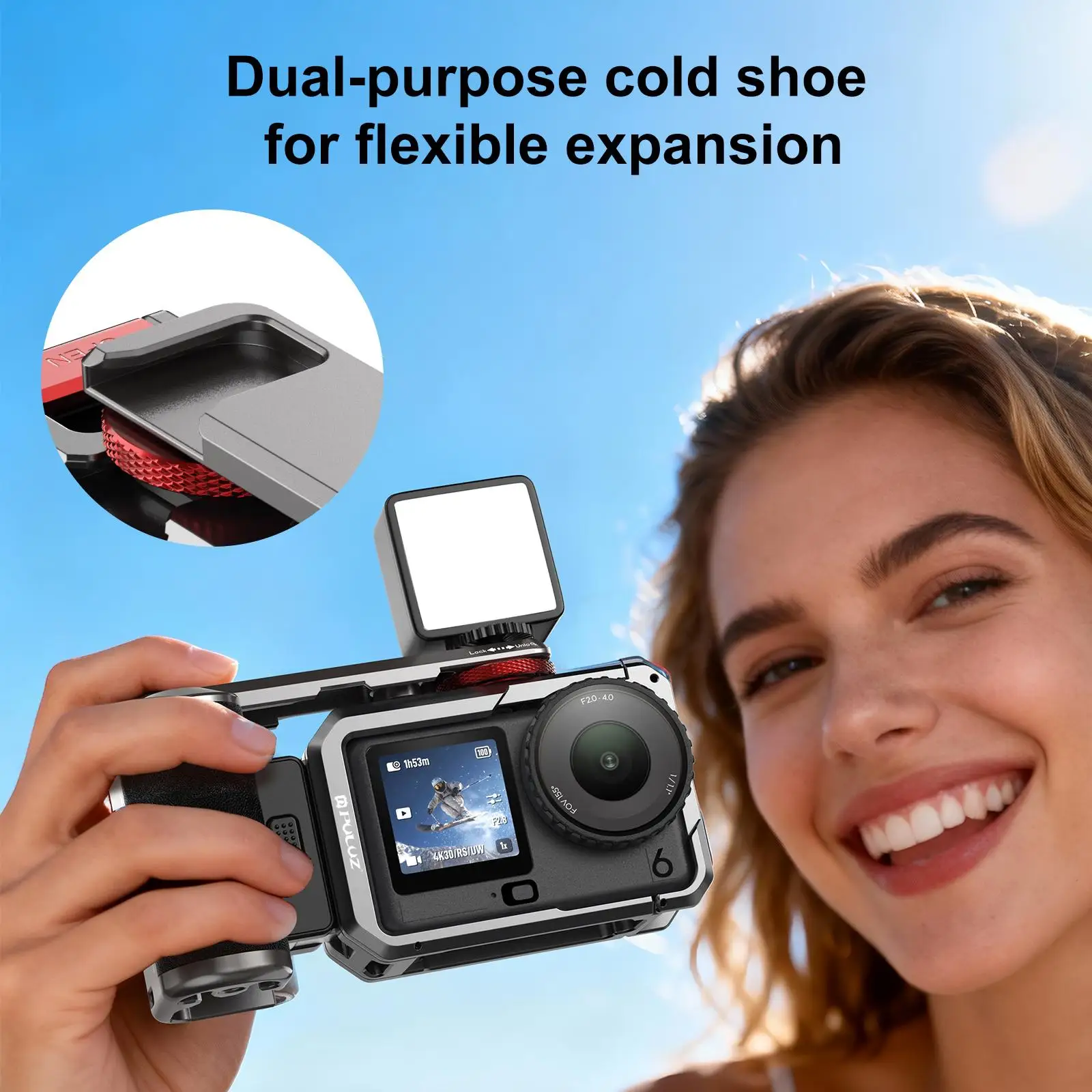 PULUZ for DJI Osmo Action 6 Metal Camera Cage Expansion Adapter with Handle Grip