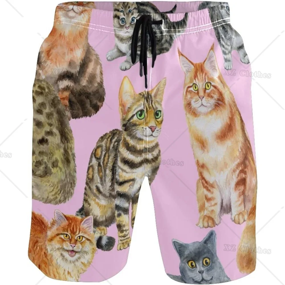 

Cute Cat and Dog Portrait Pink Men's Summer Beach Shorts Leisure Quick Dry Swimming Pants with Side Pocket for Holiday Party