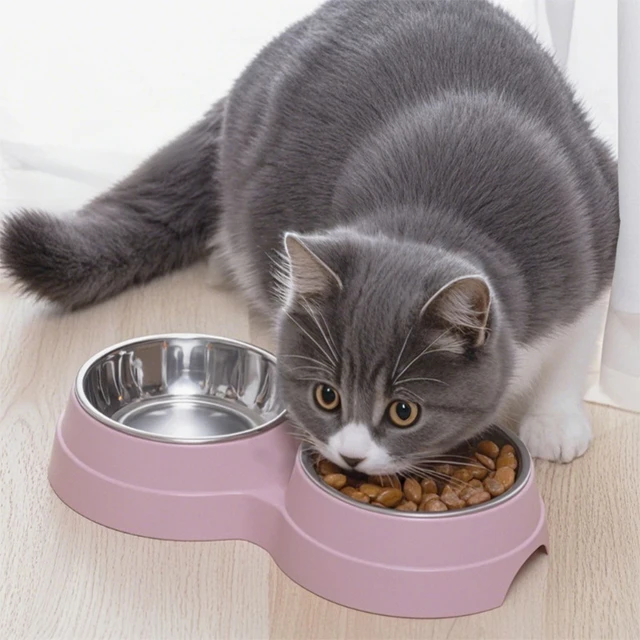 Stainless Steel Double Pet Bowl Wheat Straw Base Dog Cats Feeder Cat Puppy Feeding Food Water Container Dispenser Pet Supplies 2
