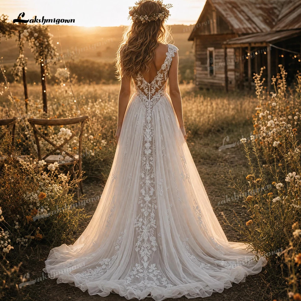 Romantic Tulle A-Line Boho Wedding Dress Cap Sleeveless Deep V Floral Lace Bridal Gown Ruffle Backless Wedding Gowns Customized