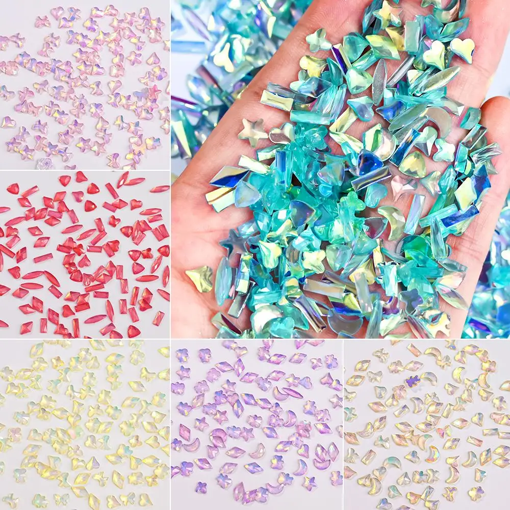 

100pcs Aurora Irregular AB Glass Nail Rhinestones Diamond Mixed Size 3D Crystals Stones Flat Back Shiny Gems Manicure Decoration
