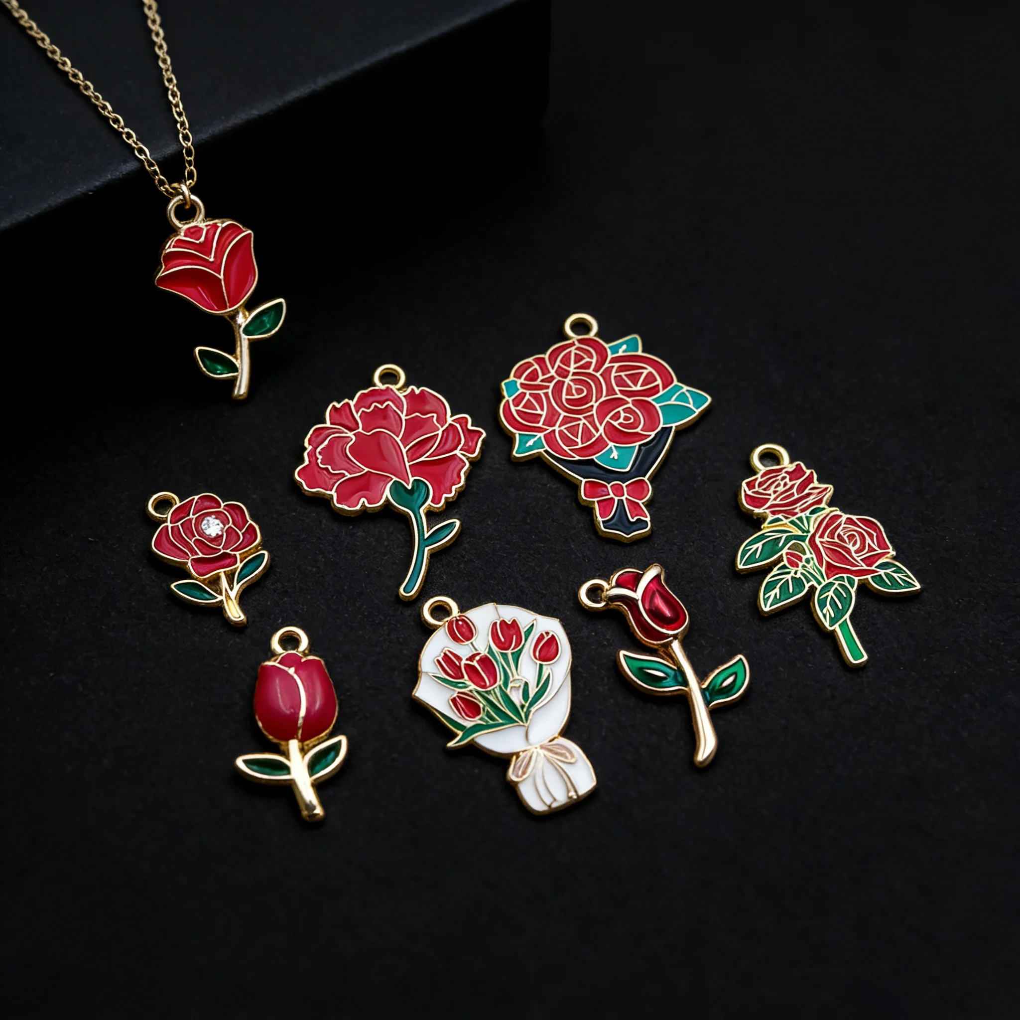 10 Stück/Lot Emaille-Rosenblüten-Anhänger für DIY handgemachte Halsketten, Armbänder, Schmuckherstellung, Zubehör, Materialien – Detail 1