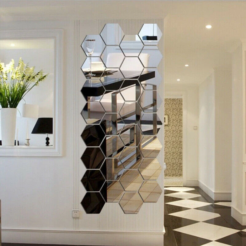 Description Picture 3 of item6/12Pcs Hexagon Acrylic Mirror Wall Stickers Home Decor DIY Removable Mirror Sticker Living-Room Decal Art Ornaments For Home