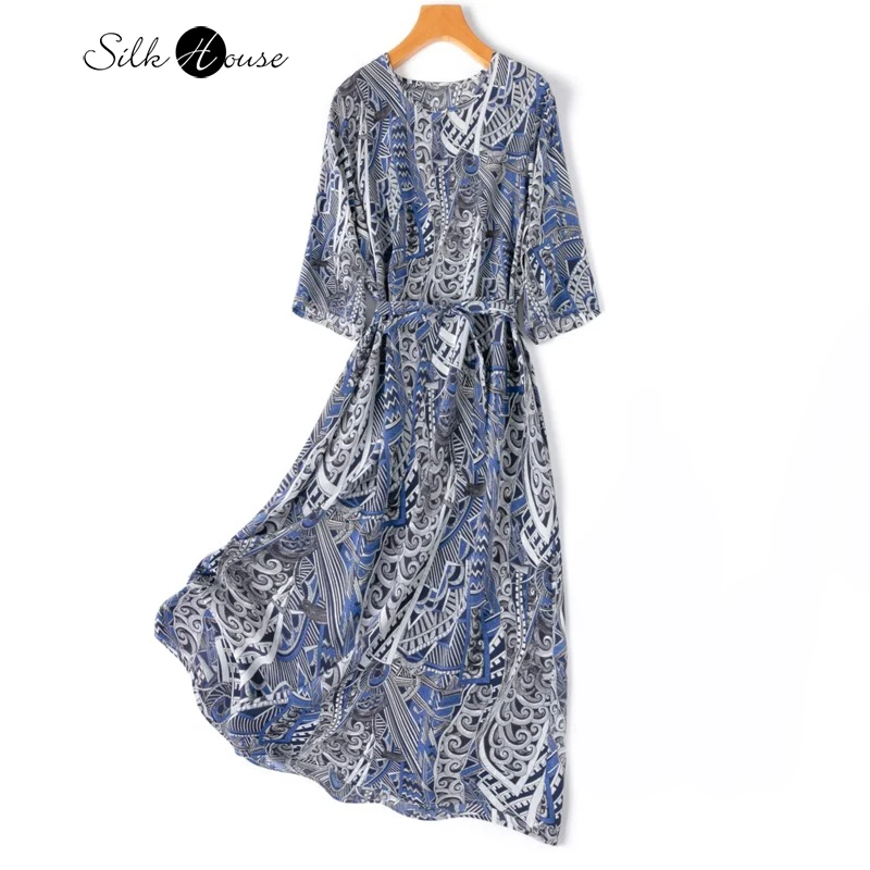 

Blue and White Porcelain 100% Natural Mulberry Silk 03 Crepe De Chine Round Neck Three-quarter Sleeve Printed Women's Dress