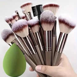 Premium 15 - Piece Makeup Brush Set with Blending Sponge - Ultra Soft Synthetic Bristles, Complete Cosmetic Kit, Perfect for Gifting & Travel Friendly (GRAY)
