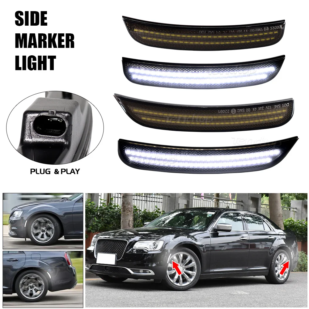 

4pcs LED Flashing Side Marker Front Rear Bumper Light Mirror Turn Signal Lamp Indicator For 2015-2023 Chrysler 300