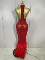 Luxury Sparkly Red Rhinestones Feather Sexy Mesh See Through Long Dress Women Birthday Evening Nightclub DJ Dancer Stage Costume - Image 4