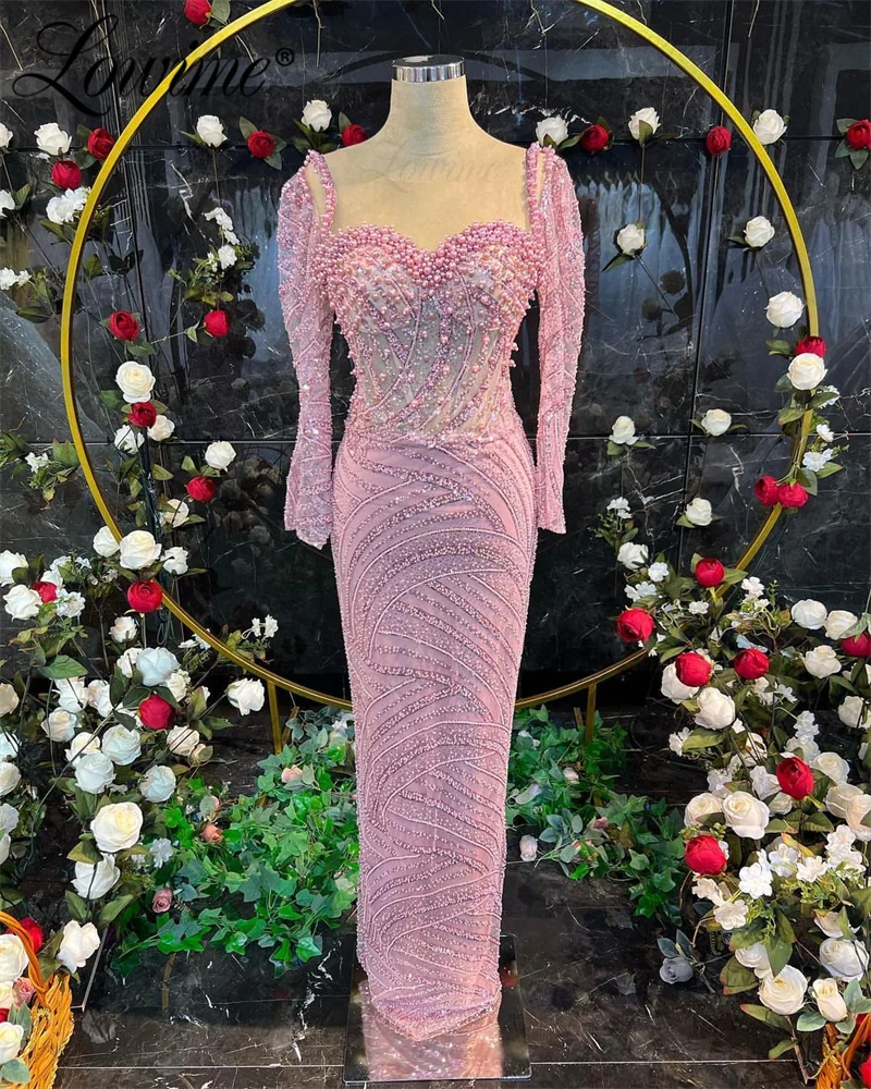 

Pink Beaded Party Dresses Arabic Evening Dress Long Sleeves Beads Mermaid Wedding Prom Dress Custom Made Vestidos De Gala Robes