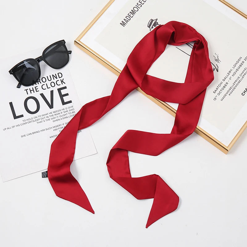 200*4cm Frauen schmaler langer Schal einfarbig Seide Gummi rot Krawatte schwarz Tasche Band einfarbig Stirnbänder einfach Choker Streamer – Detail 18