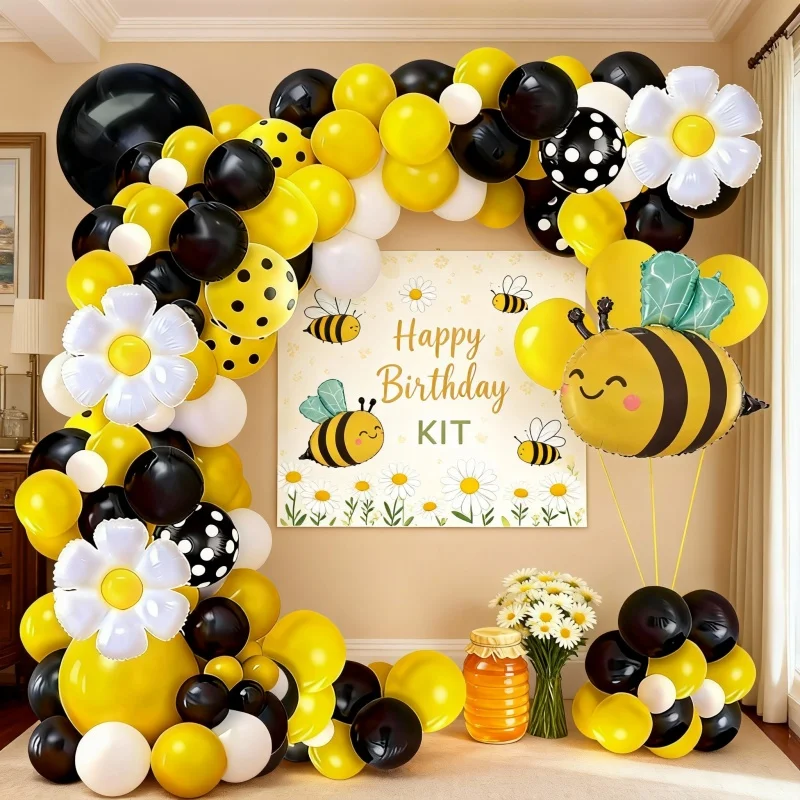 103-teiliges Geburtstags-Ballonbogen-Set mit Bienenthema – Gänseblümchen-Ballons mit schwarzen, gelben und weißen gepunkteten Ballons, Happy Birthday-Dekorationen, geeignet für den Frühling. Kindergeburtstagsparty-Zubehör – Detail 10