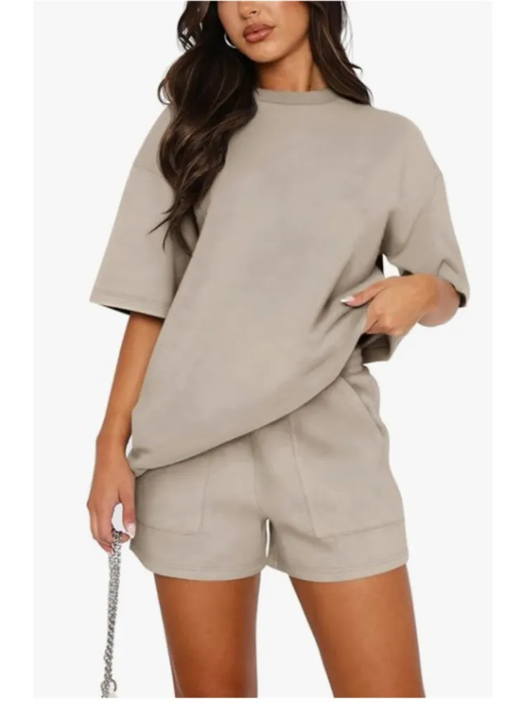 Casual Loose Set Lady Fashion Solid O Neck Short Sleeve Tops+Shorts Two Piece Sets For Women Summer Sports Womens Clothing New