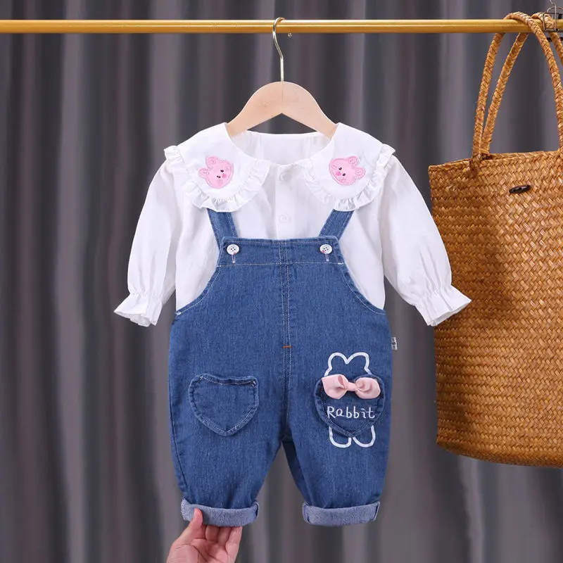 

2022 Spring Cartoon Children Clothes Suit Autumn Kids Girls Fashion hoodies Jeans overalls 2pcs/Set Infant Baby Casual Tracksuit
