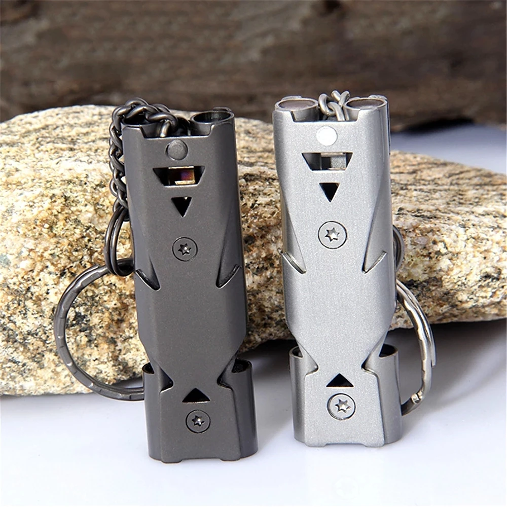 Multifunction Stainless Steel Emergency High Decibel Whistle Keychain Double Pipe
