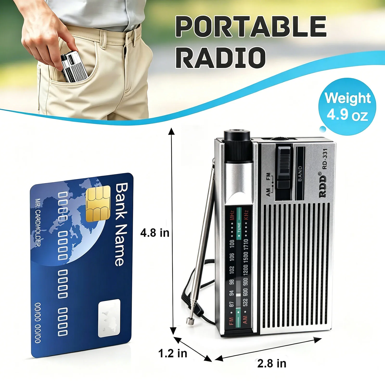 휴대용 FM AM 라디오 미니 고감도 레트로 라디오(접이식 안테나 포함) 3.5mm 헤드폰 잭 충전식 빈티지 라디오