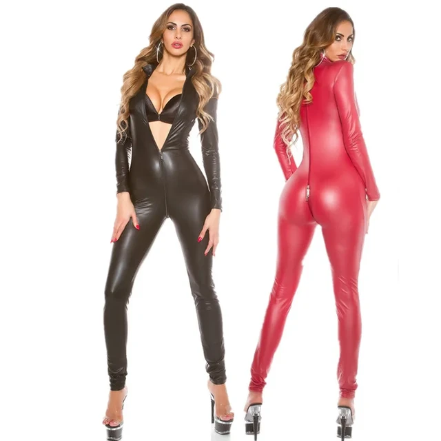 Plus Size Female Erotic Open Crotch Latex Bodysuit Suit For Sexy Lingerie  Women Zipper Faux Pu Leather Catsuit Night Club