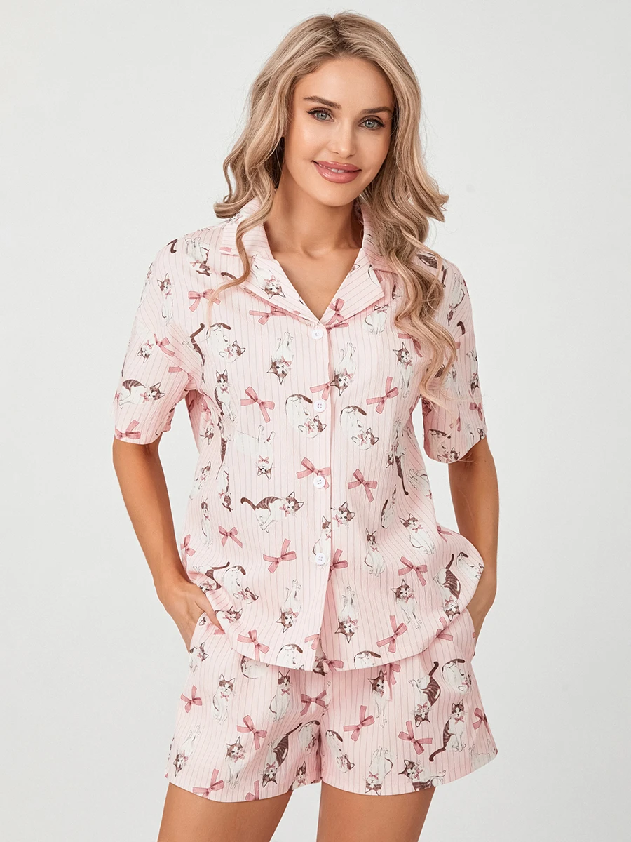 

Пижамный комплект Y2k с шортами для женщин, комплект из 2 предметов с милыми животными и цветочным принтом, рубашка с коротким рукавом и шорты для отдыха