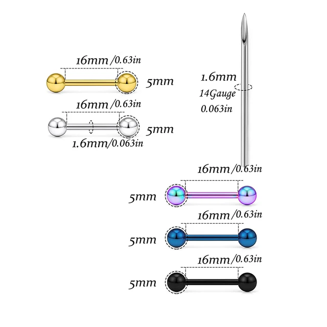 10 Pezzi Piercing Alla Lingua In Acciaio Chirurgico 14G - Barbell Sterili Con Misure 3mm, 4mm, 5mm - Foto 8
