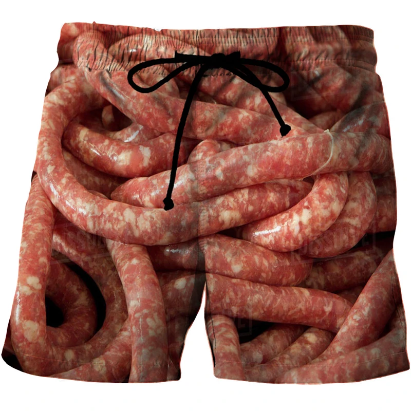New Gourmet Food Graphic Beach Grilled Sausage Shorts For Men 3D Printed Sausage Boardshorts Men Women Meat Sausage Short Pants 4