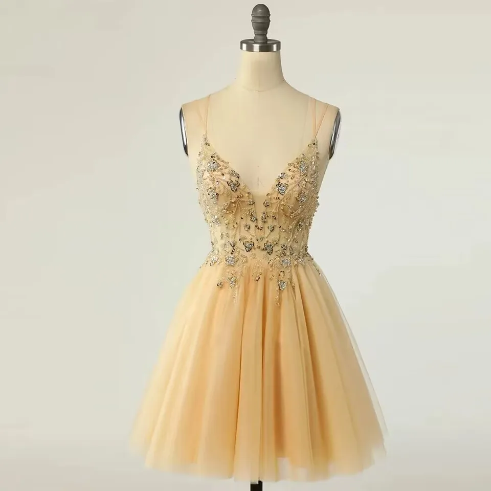 Gold Beaded Crystal Short Prom Dresses Sexy V Neck Spaghetti Straps Plus  Size Homecoming Cocktail Party Gown US size 100 - AliExpress 320
