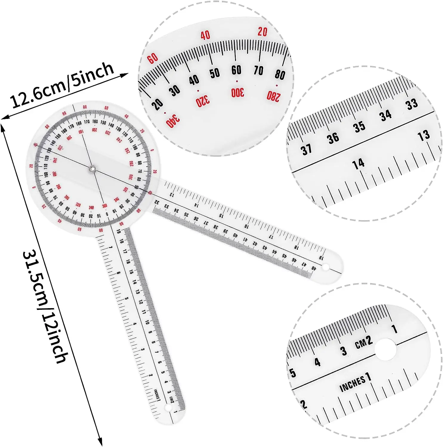 12 Inch Rangefinder Transparent Orthopedic Angle Ruler Plastic Rangefinder 360&deg; for Body Measurement with Angle Measuring Ruler
