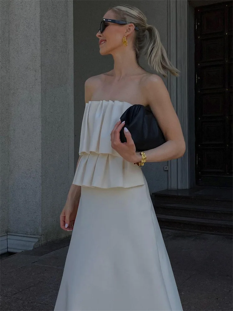 White Pleated For Women Tube Tops Backless Slim Patchwork Casual Summer Elegant Y2k Top High Waist Solid Bandeau Crop top