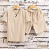 1 Set Men's Short Sleeve Shorts Set Summer Cotton and Linen Two Button Large Size Solid Color Men's T-shirt Two-piece Set 4