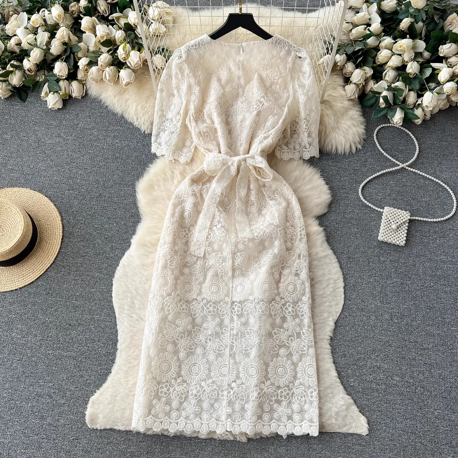 France Elegant Summer White Lace Midi Dress New High Quality Women O Neck  Embroidery Flower Mesh Lace Up Office Ladies Vestidos - AliExpress 200000345