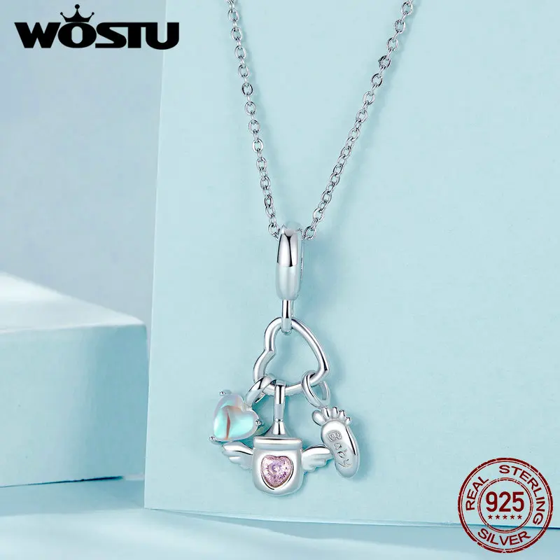 WOSTU 천사 병, 발 펜던트, 치아 비즈 핏, 오리지널 팔찌, DIY 목걸이, 엄마 딸 선물